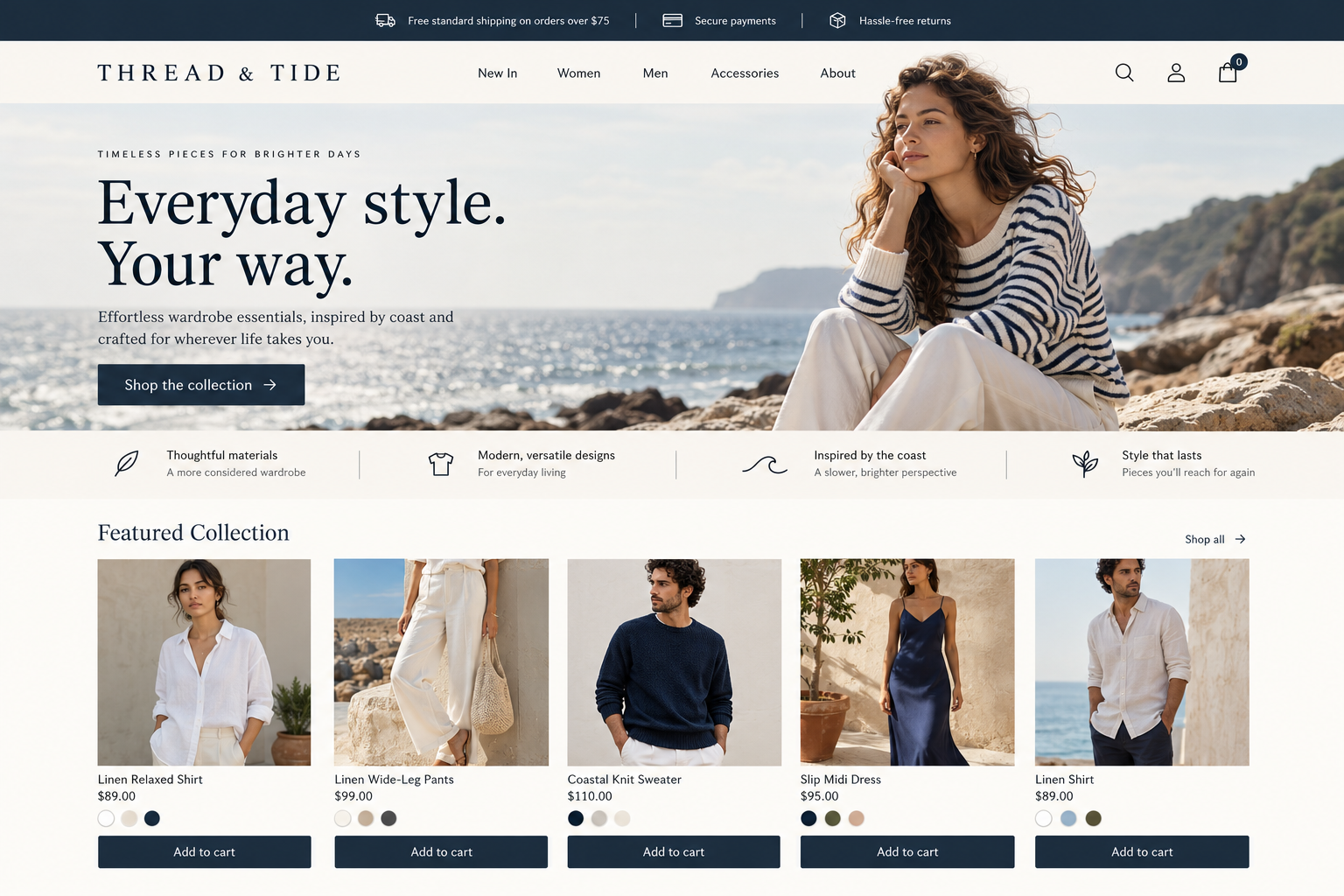 Thread & Tide: an illustrative fashion & boutique stores homepage design