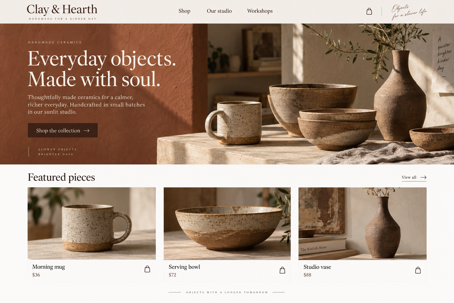 Clay & Hearth: an illustrative handmade ceramics & artisan shops homepage design