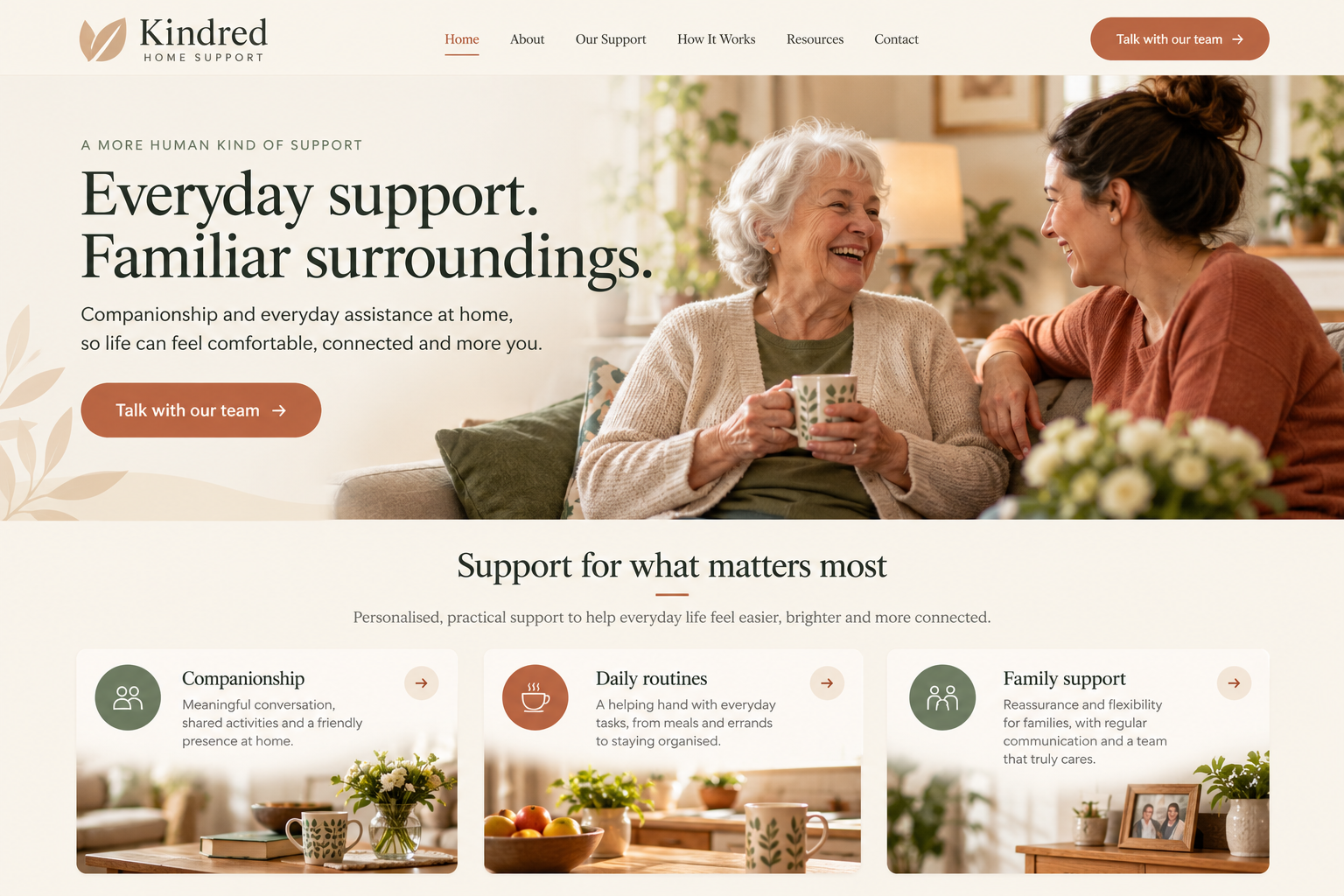 Kindred Home Support: an illustrative home care & senior support homepage design