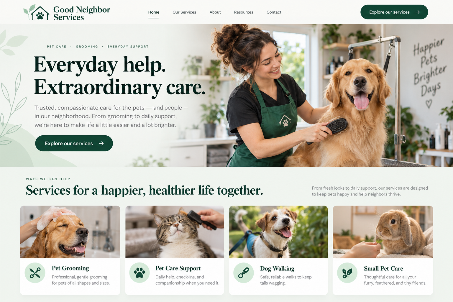 Good Neighbor Services: an illustrative pet care & grooming homepage design