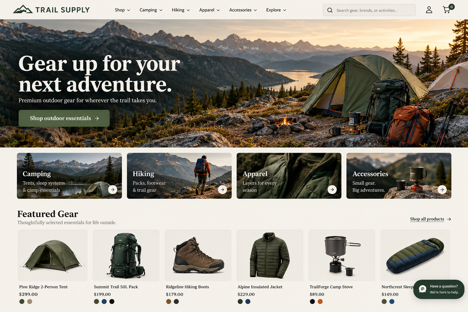 Trail Supply: an illustrative outdoor & specialty retailers homepage design