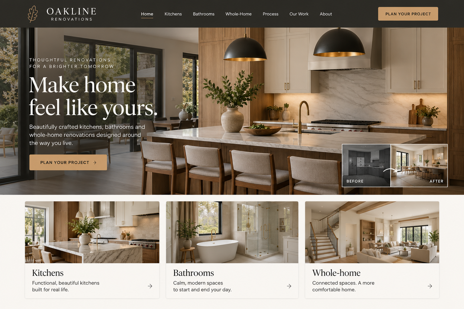 Oakline Renovations: an illustrative contractors & remodeling homepage design