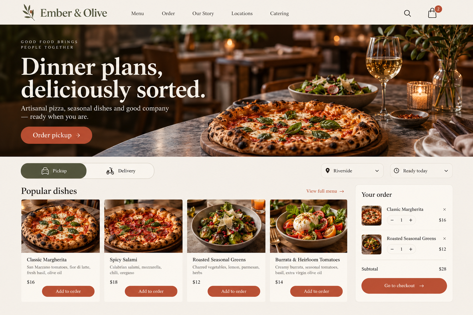 Ember & Olive: an illustrative restaurants & online ordering homepage design