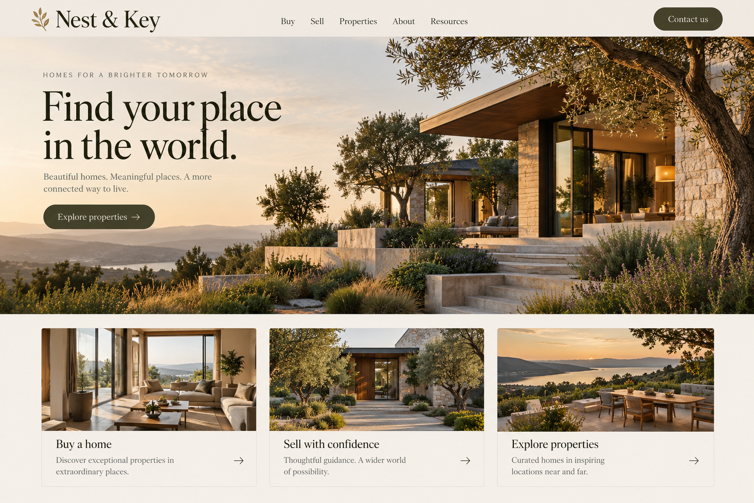 Nest & Key: an illustrative real estate & property homepage design