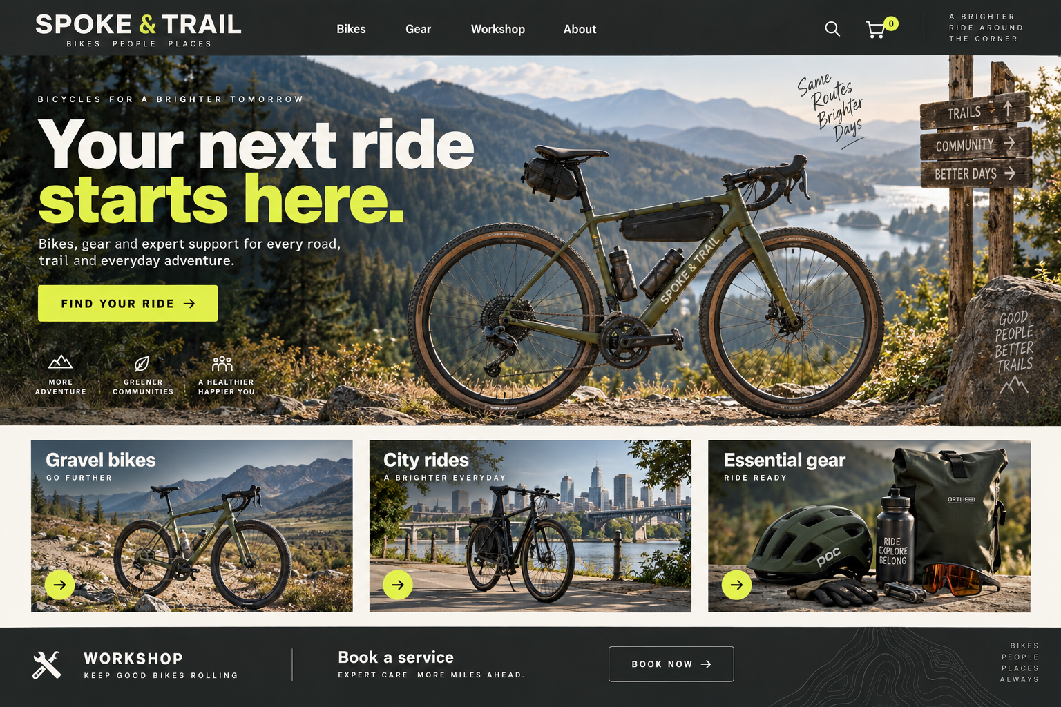 Spoke & Trail: an illustrative bicycle shops & outdoor gear homepage design